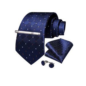 Men's Silk Tie + Pocket Square + Cufflinks + Tie Clip 4 Piece Set